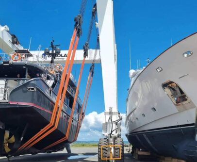the new 560T travel lift transporting Superyachts on the hardstand at South Shipyard.