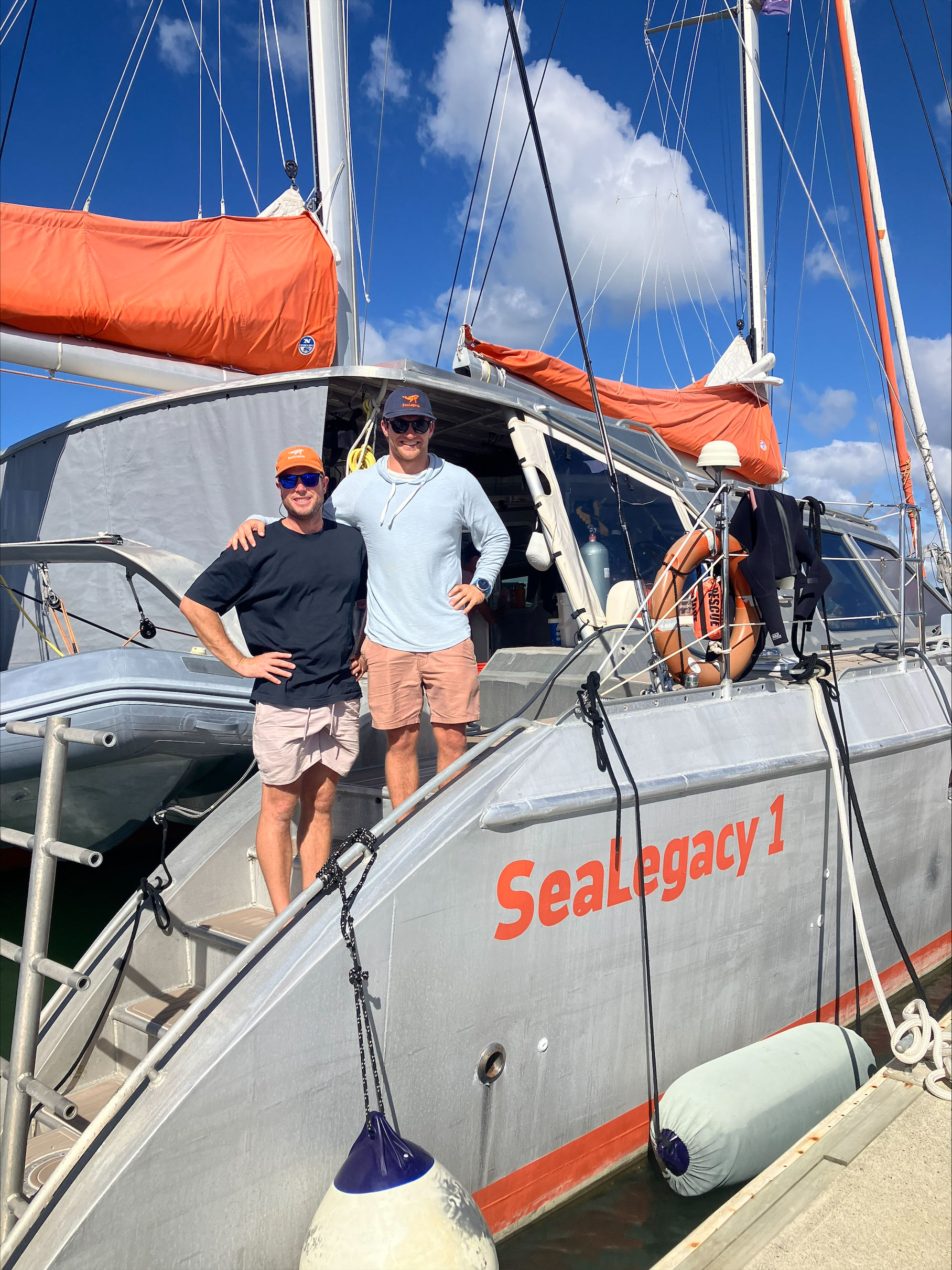 Sea Legacy 1 captain Michael Gestal with crew member on yacht at Port Nikau Marina